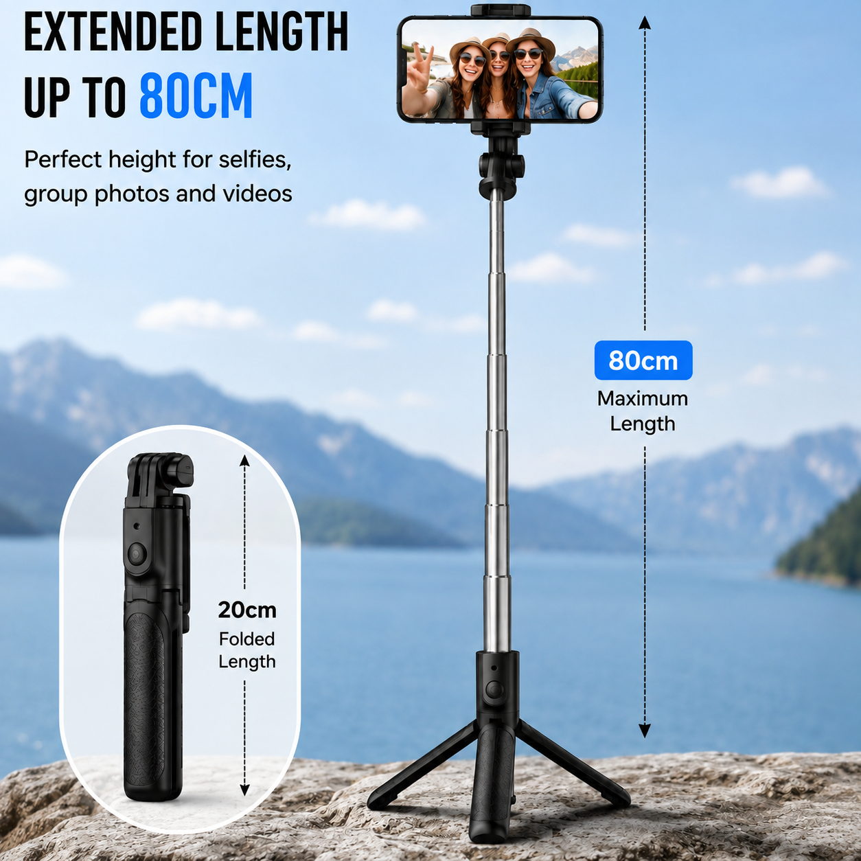 3-in-1 Selfie Stick Tripod with Wireless Remote – 80cm Extendable Phone Stand