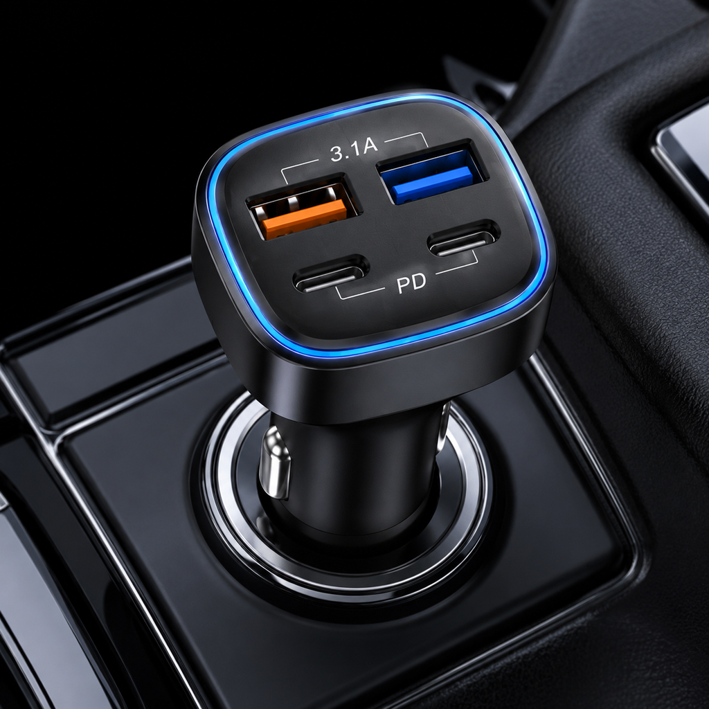 4-in-1 Fast Car Charger | Dual USB + Dual Type-C PD Car Charging Adapter
